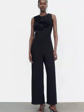 ZARA black wide leg sleeveless jumpsuit with large rosette appliques  NWT